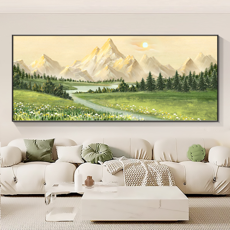 现代简约风格客厅挂画 金山聚宝盆日照山水沙发背景墙可定制晶瓷图片