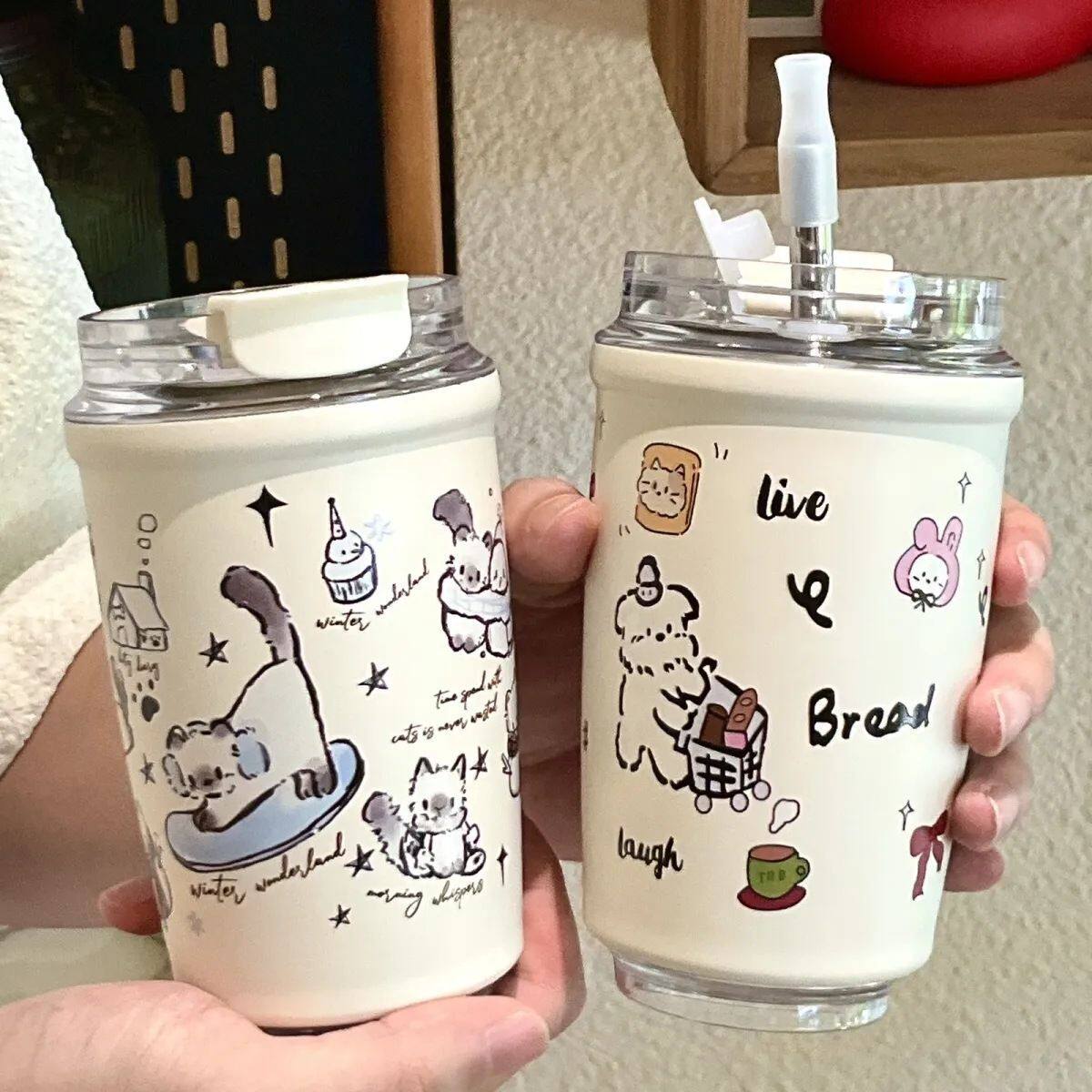 网红手绘女生可爱高颜值猫新款316不锈钢水杯卡通吸管保冷保温杯