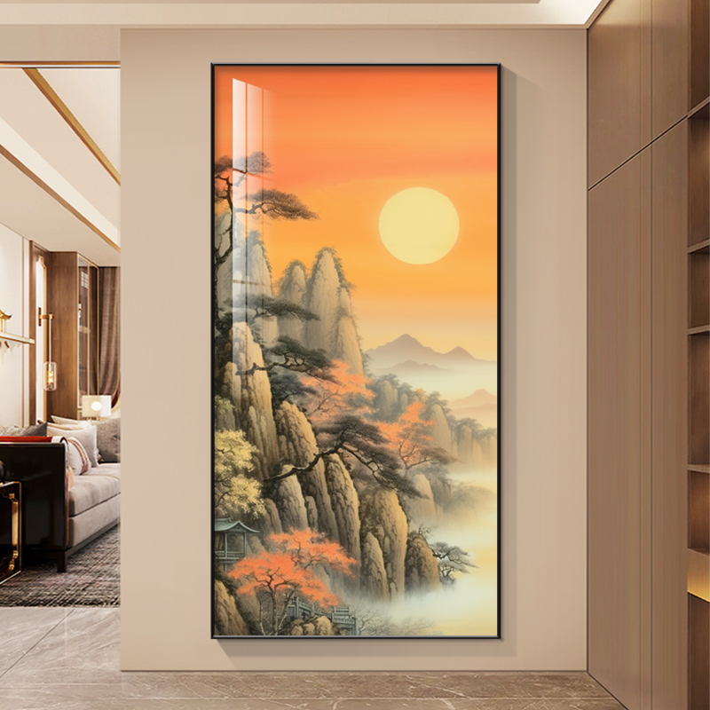 旭日东升东墙玄关装饰画有山无水靠山图挂画新中式过道走廊墙壁画