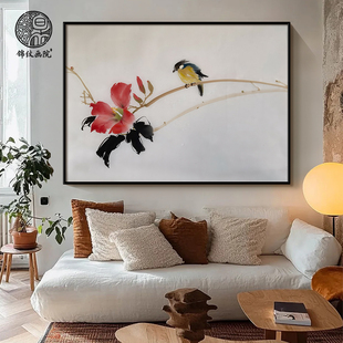 《红芳与雀》中式复古风花鸟植物小众客厅装饰画玄关古典艺术挂画