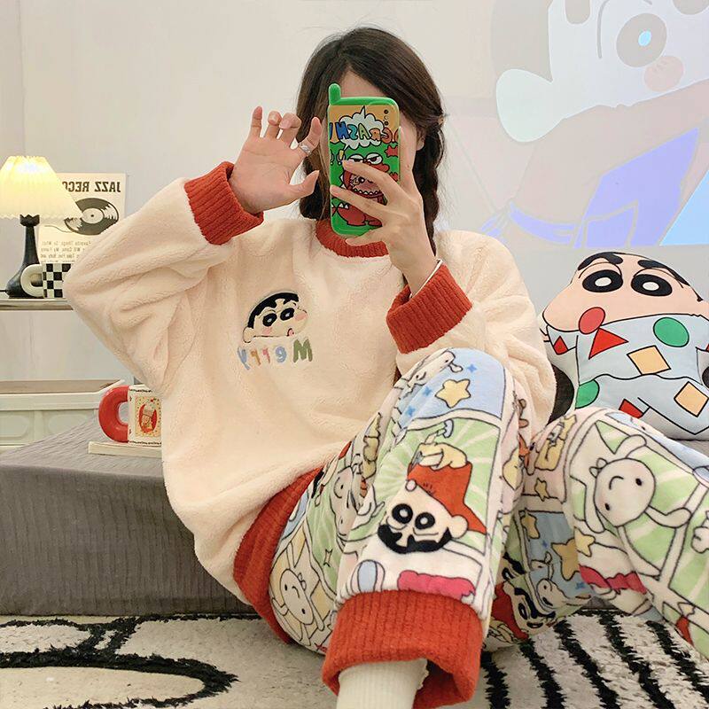 睡衣女冬季珊瑚绒韩版清新学生加睡衣/家居服套装