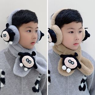 儿章耳罩蛋仔儿童毛绒围巾两件套冬季男童耳套卡通保暖耳包中大暖