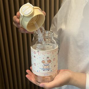 玻璃杯女高颜值办公室吸管杯耐高温隔热防烫学生上学便携双饮杯子