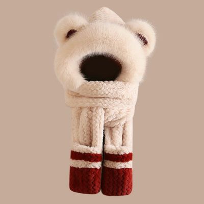 过冬三件套可爱帽子围巾女冬季手套一体防寒保暖毛绒连帽围脖护耳