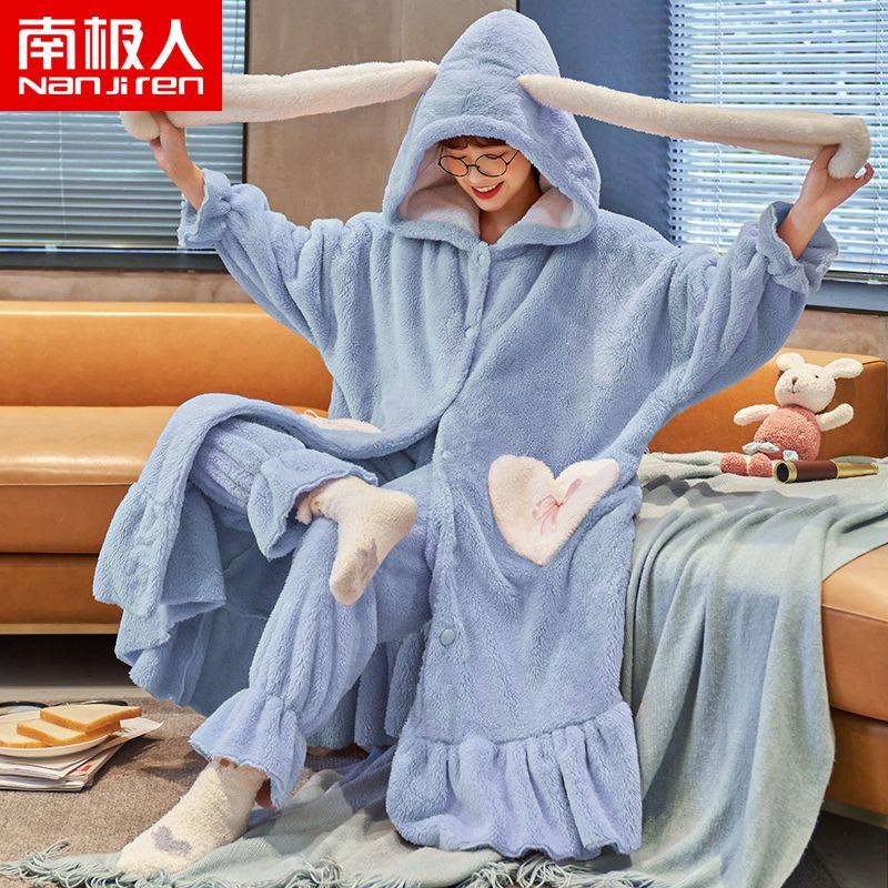睡衣女秋冬季珊瑚绒睡袍长款套装可外穿法兰绒加厚加绒浴袍家居服