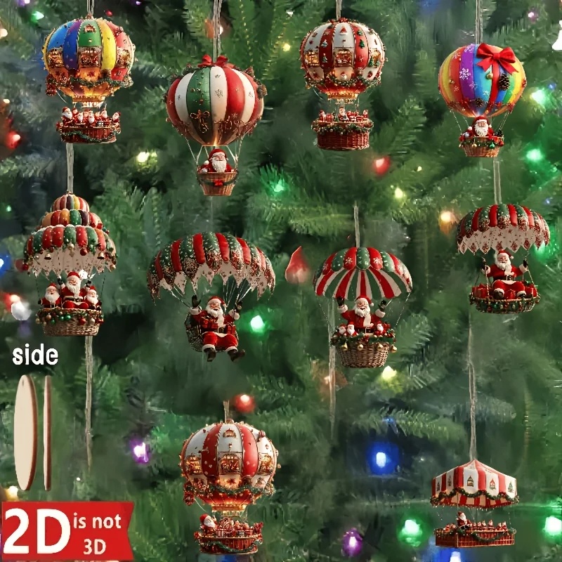 Christmas Wooden Hot Air Balloon Santa Claus 2D Flat Pendant