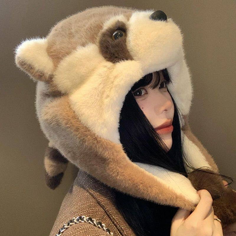 可爱浣熊帽子秋冬季小熊猫卡通毛绒护耳加厚加绒雷锋保暖帽女防寒