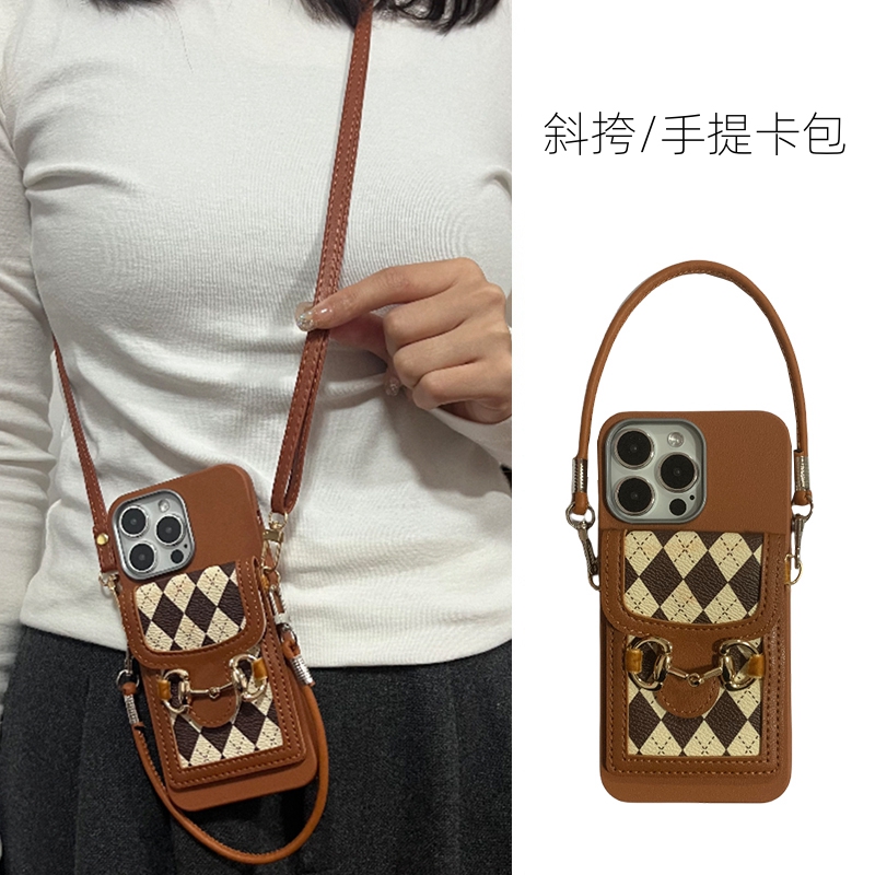 复古菱格vivooppo斜挎卡包手机壳