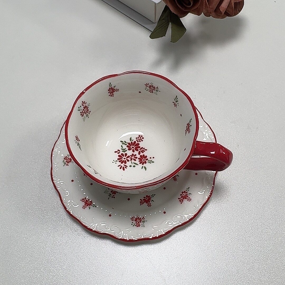复古田园红边小花陶瓷咖啡杯碟
