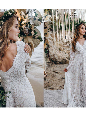 2020速卖通欧美白色性感深V领长袖蕾丝透视紧身拖尾连衣长裙1119