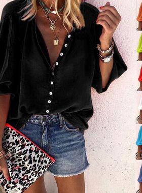 2021ebay亚马逊wish爆款 秋季新款纯色长袖V领纽扣女士衬衫女装