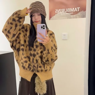 加厚毛衣外套 豹纹印花针织上衣女2025秋冬新款 美式 甜辣ins风长袖