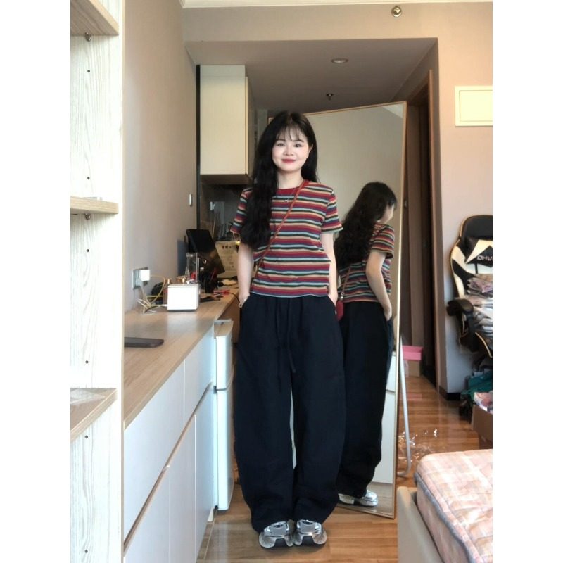法式撞色彩虹条纹短袖T恤女夏季设计感小众百搭圆领体恤显瘦上衣