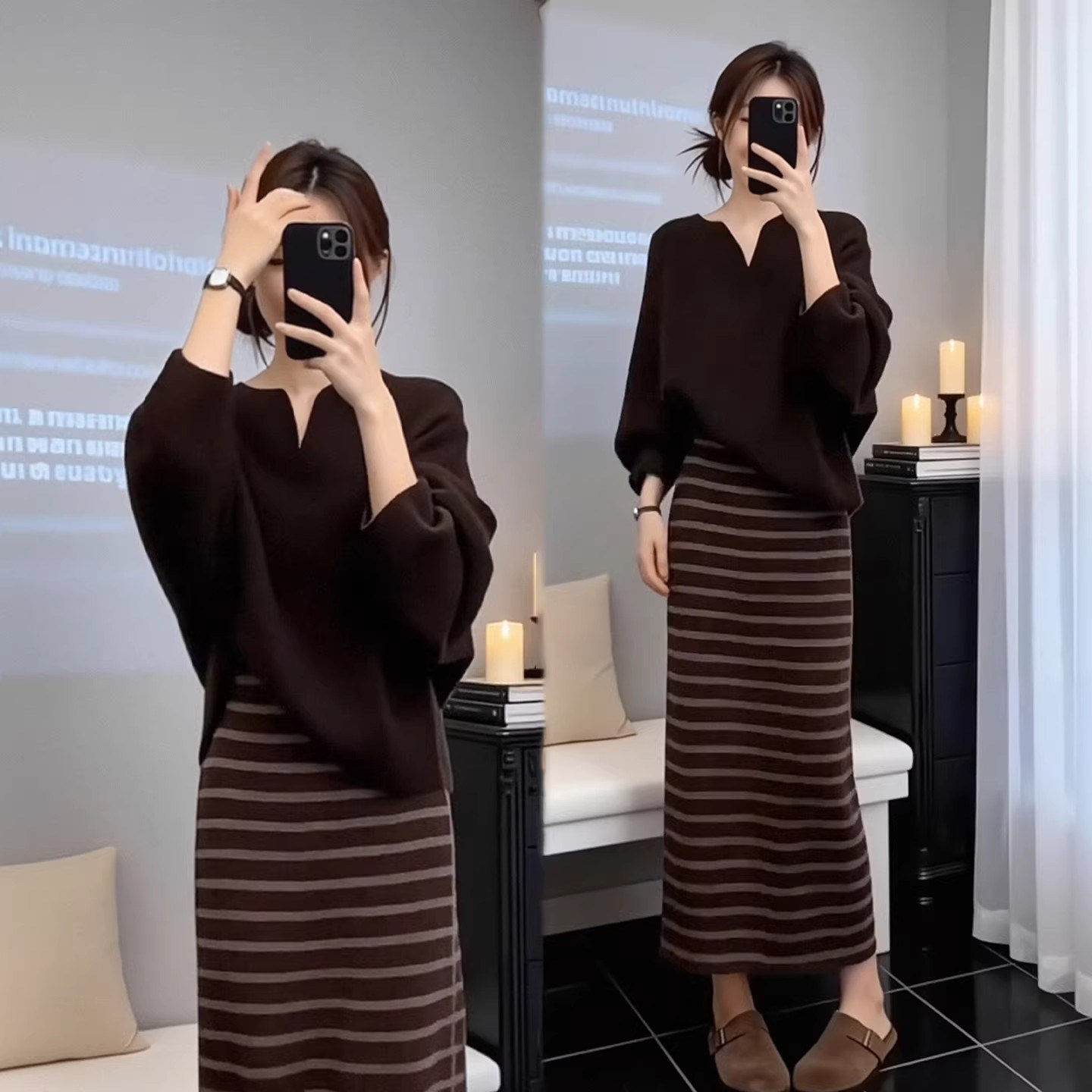 温柔风高级感针织毛衣连衣裙女2026春季新款松弛感条纹套装长裙子 - 若弥旗舰店出品