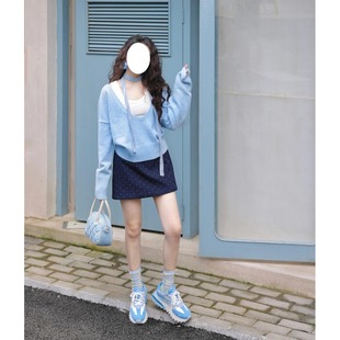 短上衣 软糯蓝色U领毛衣慵懒风针织衫 女2025秋季 新款 宽松套头长袖