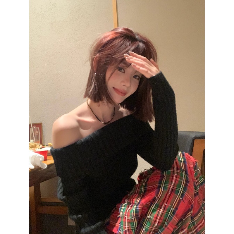 送运费险一字肩黑色温柔风毛衣女