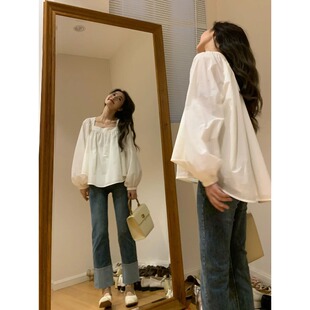 白色衬衣防晒衫 法式 女夏季 衬衫 宽松高级感雪纺上衣 复古方领泡泡袖