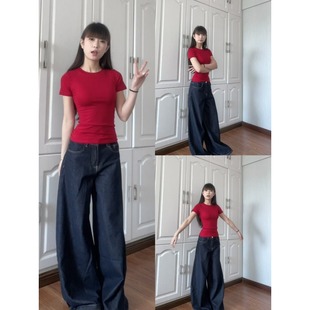 红色短袖 显瘦百搭圆领正肩纯棉打底上衣 T恤女夏季 设计感小众修身