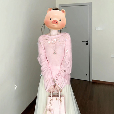 韩系温柔风穿搭设计感甜美圆领毛衣女秋冬季半身裙松弛感针织上衣