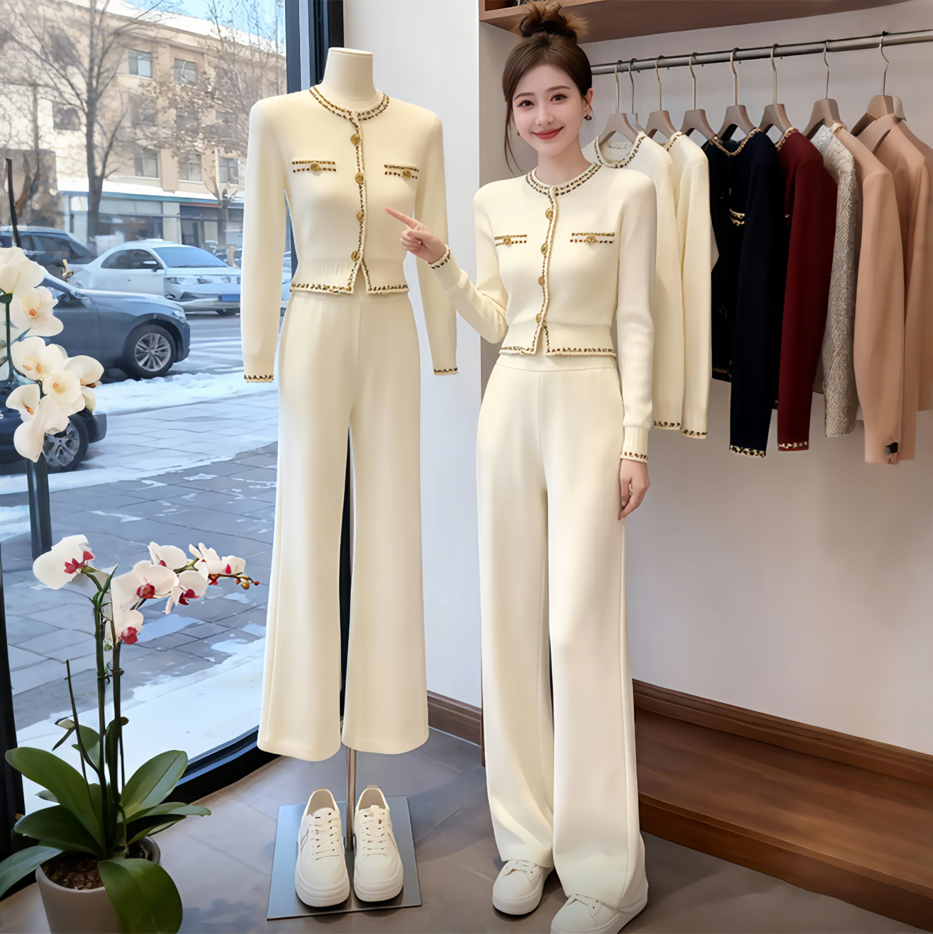 冬季新爆款大方得体气质高级感小香风白色针织上衣女裤子时尚套装,女装/女士精品,时尚套装,淘宝优惠券,粉丝福利购,淘宝优惠卷