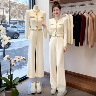 套装 冬季 子时尚 大方得体气质高级感小香风白色针织上衣女裤 新爆款