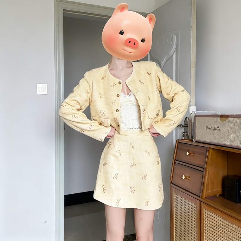 高级千金风miu系穿搭长袖开衫短外套女高腰A字短裙洋气两件套春秋