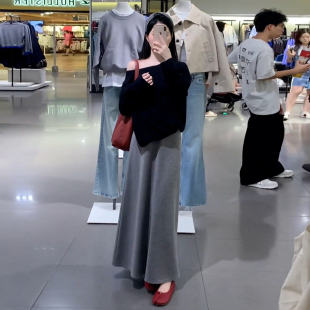 灰色百搭修身 上衣减龄两件套春秋 A字长裙女露肩不规则设计感长袖