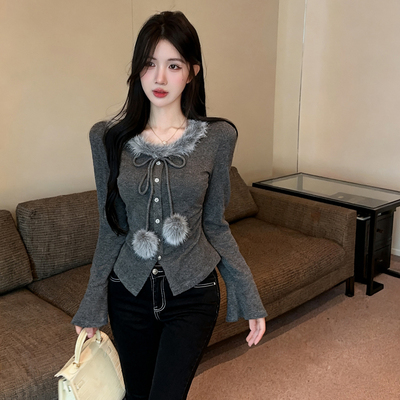 轻奢小香风毛领长袖开叉毛针织衫秋冬季掐腰修身显瘦打底小上衣女