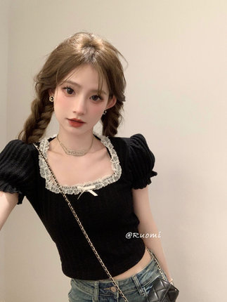 黑色蝴蝶结方领短袖T恤女夏设计感小众纯欲风辣妹修身泡泡袖上衣