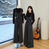 小个子气质穿搭针织打底衫 子两件套装 上衣女2026春季 蝴蝶结背带裤