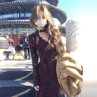 气质修身 新款 包臀长裙 内搭蕾丝连衣裙子女秋冬季 高级感千金风长袖