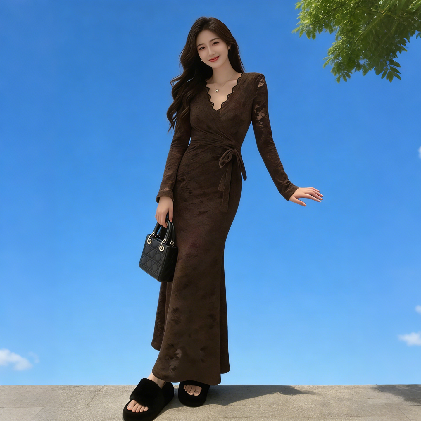 v领蕾丝长袖加绒包臀鱼尾连衣裙子女冬季2025新款修身显瘦长裙子