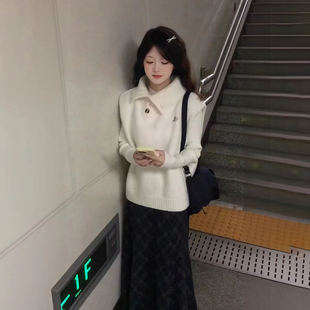 加厚套头长裙子女装 清纯甜妹穿搭高领白色长袖 针织连衣裙秋冬新款