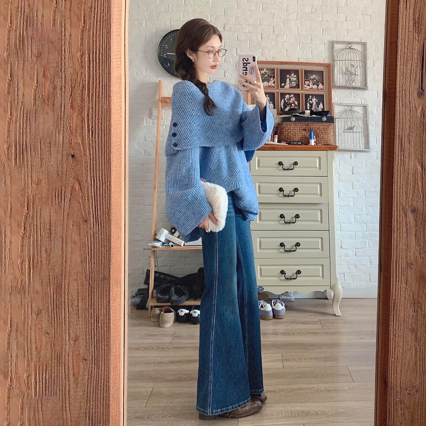 加厚长袖蓝色毛衣女秋冬季韩系宽松慵懒风一字露肩针织上衣中长款