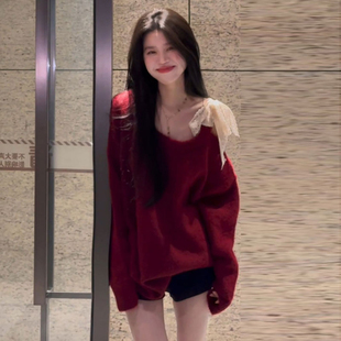 韩系氛围感初冬穿搭斜领长袖针织毛衣女绝美蝴蝶结系带chic小上衣