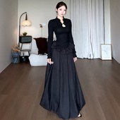 新中式 气质收腰生日party小礼服长裙 新款 黑色长袖 连衣裙女深秋季