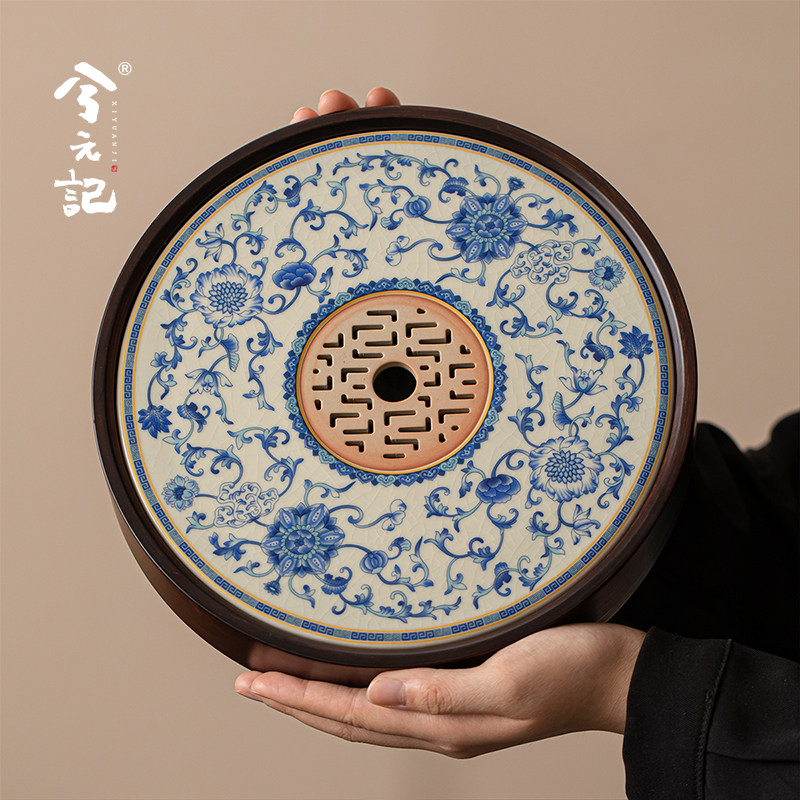 青花汝窑陶瓷储水沥水茶盘家用圆形小型托 托盘2025新款茶台干泡