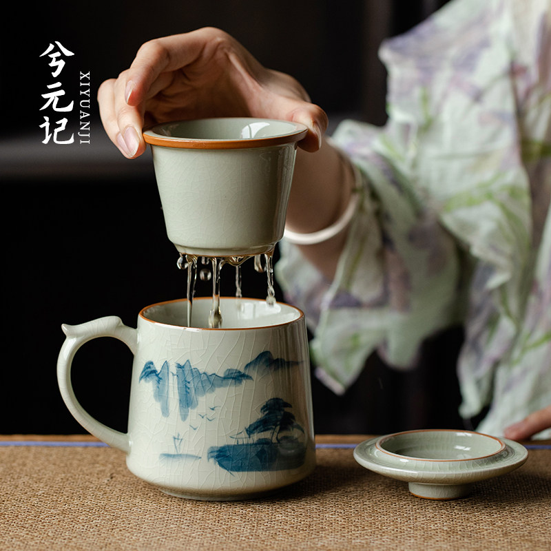 哥窑手绘茶杯陶瓷茶水分离杯个人专用高档办公水杯带盖子过滤泡茶