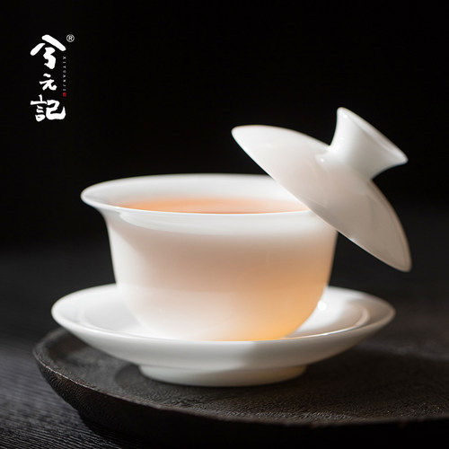 冰种玉瓷三才盖碗茶杯单个高档德化白瓷悬停茶碗带盖子家用功夫茶