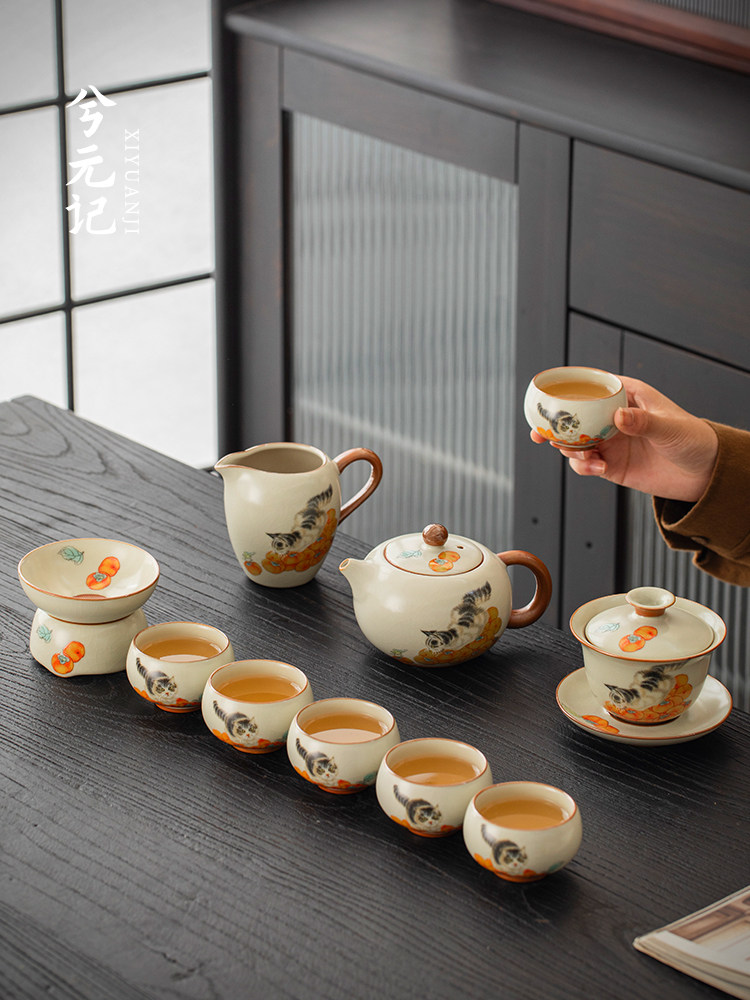 Xi Yuanji Persimmon cat Ru Печной чайный сервиз Бытовой легкий роскошный элитный женский чайник Кунг-фу, ценная чайная чашка Изображение 1