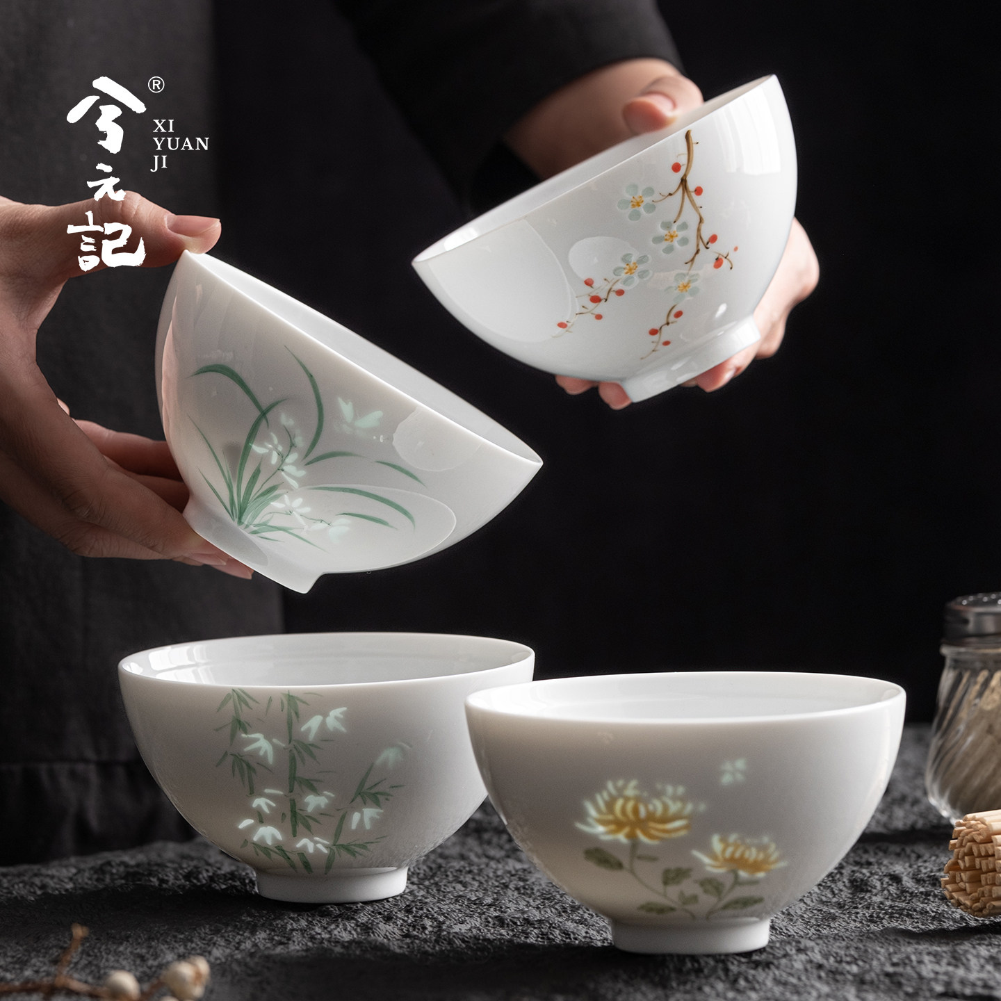 手绘玲珑瓷米饭碗家用釉下彩陶瓷面碗汤碗特别漂亮的碗高级感餐具