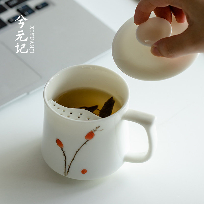 手绘小荷月牙杯陶瓷家用茶杯个人专用羊脂玉瓷带盖过滤水杯杯子