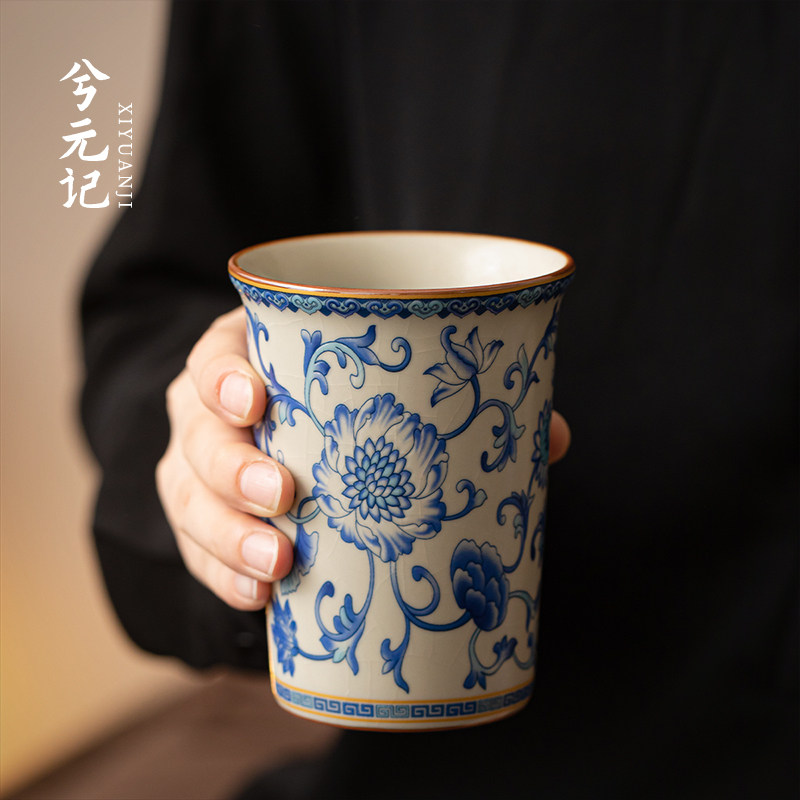 兮元记青花汝窑可乐杯个人专用大号茶杯品茗杯家用大容量陶瓷水杯