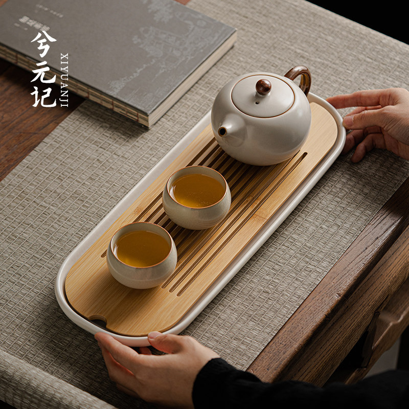 兮元记米黄汝窑一壶两杯家用功夫茶具套装西施茶壶茶盘泡茶小套