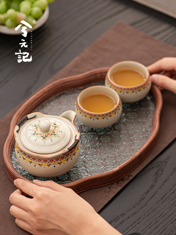 西元记敦煌米色汝窑功夫茶具家用陶瓷手捧壶盖碗茶杯茶盘一壶两杯