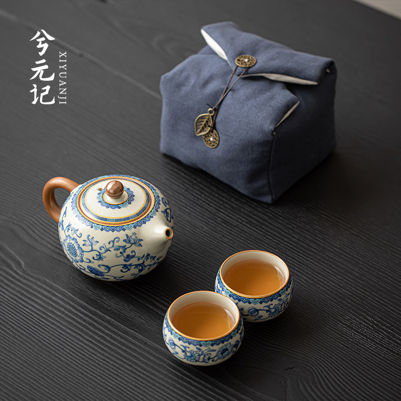 青花汝窑旅行茶具套装便携式包茶壶茶杯一壶二杯布袋快客杯珐琅彩