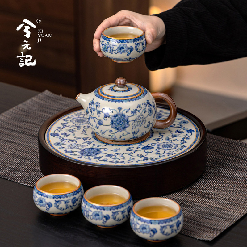 青花汝窑功夫茶具套组家用泡茶壶茶杯茶盘中式高档珐瑯彩泡茶小套