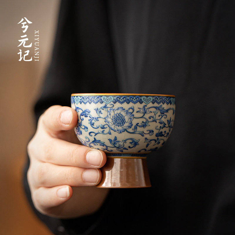 兮元记青花汝窑高足主人杯高档陶瓷茶杯个人专用单杯珐瑯彩品茗杯图片