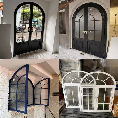 定制铁艺复古法式窗户室内窗拱形平开窗推拉窗店铺双开门屏风隔断