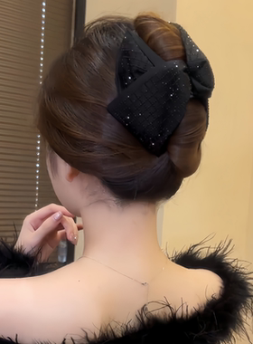 黑色蝴蝶结抓夹女气质后脑盘发鲨鱼夹高级感马尾夹满钻格纹发卡